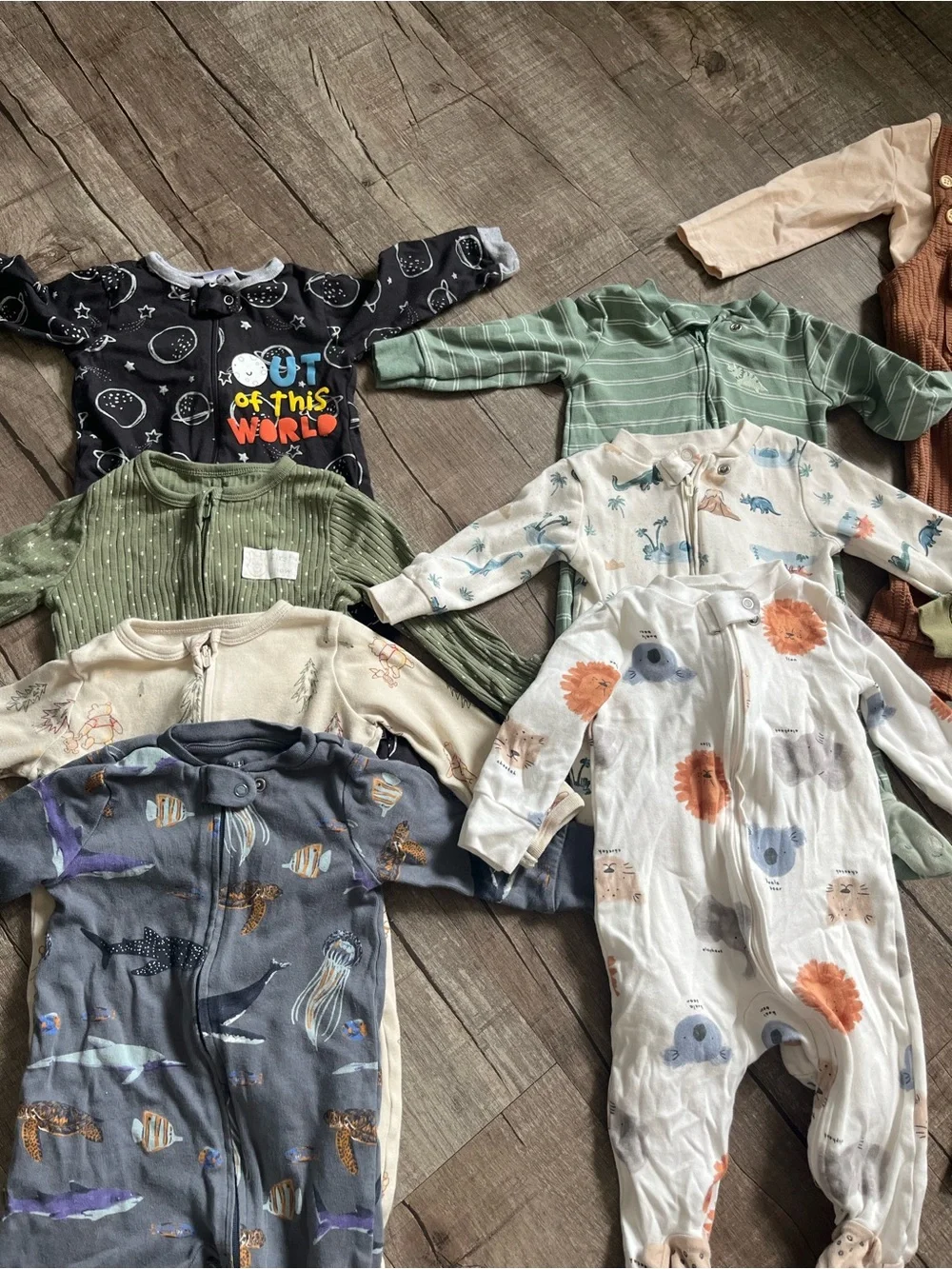 Carter's Green, Brown, Cream and White Mixed Baby Footies & Overalls Lot